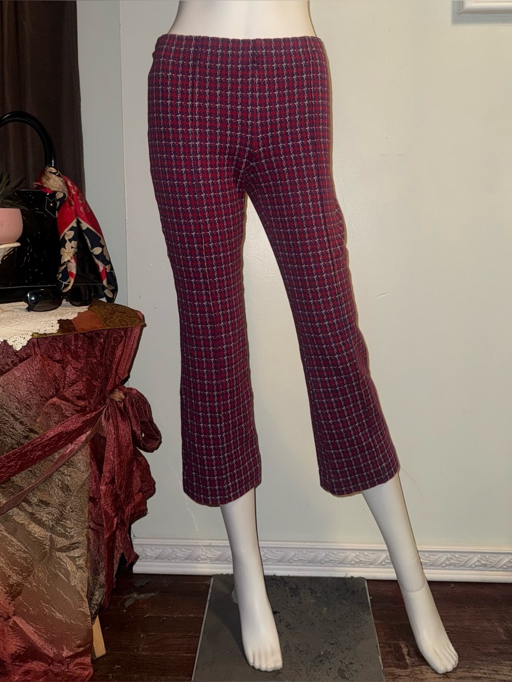 Maeve The Margot Plaid Kick-Flare Cropped Pull-On Knit Pants